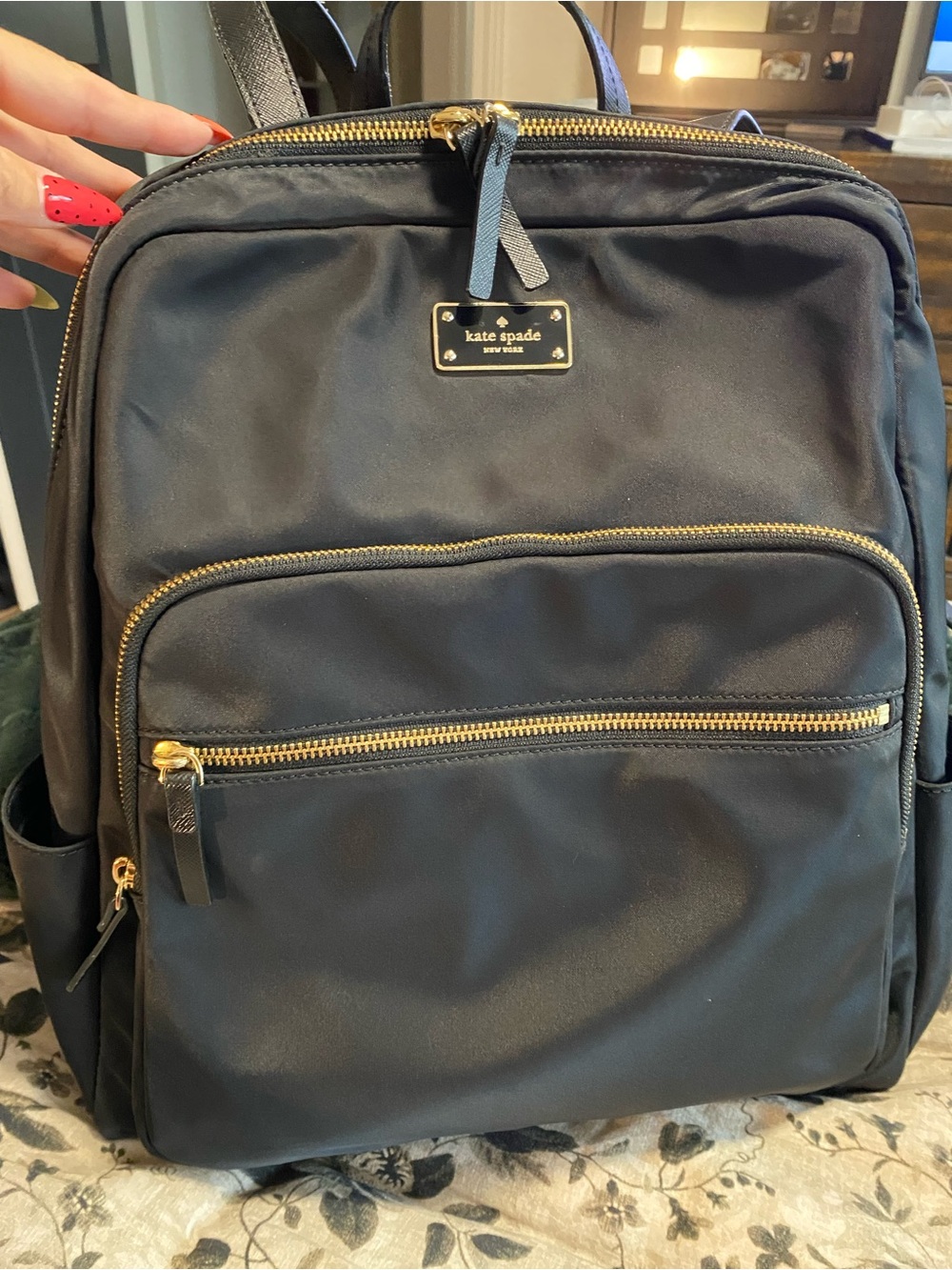 kate spade black nylon backpack with gold hardware accents